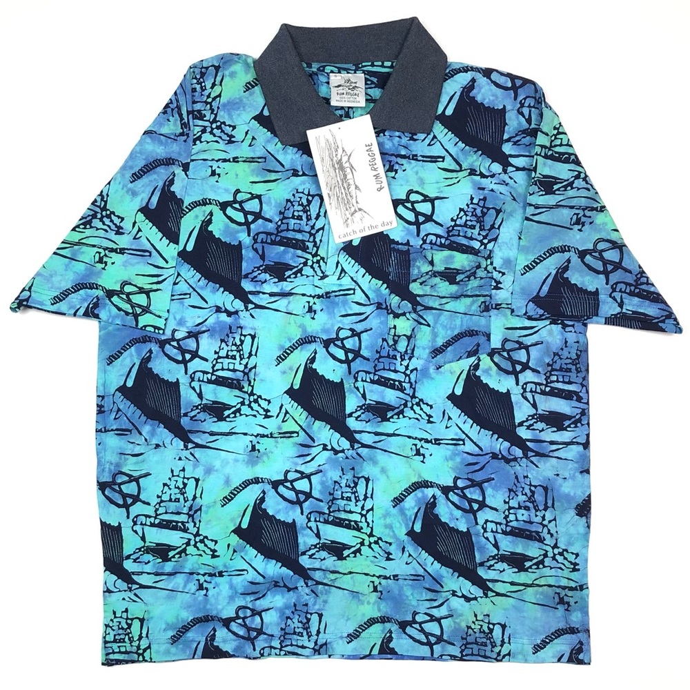 NWT Rum Reggae Hawaiian Nautical Blue Short Sleeve Polo Shirt Men’s Size S